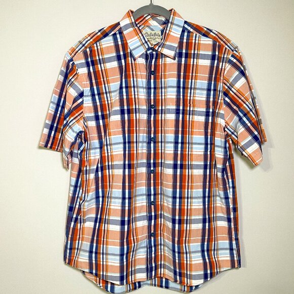 Men's Large Cabela's Orange & Blue Plaid Short Sleeve Button Down Shirt - Picture 1 of 6
